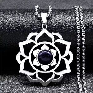 Spiritual Lotus Pendant Necklace with Moonstone - Stainless Steel 20" #1533